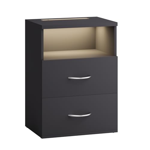 Casaria® Nachttisch Touch LED Beleuchtung 40x28x55cm Dimmbar Holz 2 Schubladen Boxspringbett Schlafzimmer Wohnzimmer Beistelltisch Nachtschrank Anthrazit