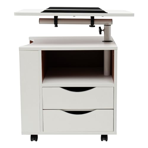BraveeFly Funktionaler drehbarer Nachttisch,Verstellbar Rollen Mobil Drehbarer Nachttisch Mit Schubladen Rädern Und Offenem Regal Desktop(Weiß)
