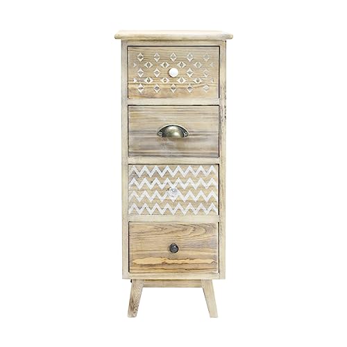 Vintage Rustikaler Nachttisch aus Holz mit 4 Schubladen, Hellbraun, Weiß, Shabby Chic, Leinenaufbewahrung, 81,5 x 30 x 30 cm (HxBxT) RE6619