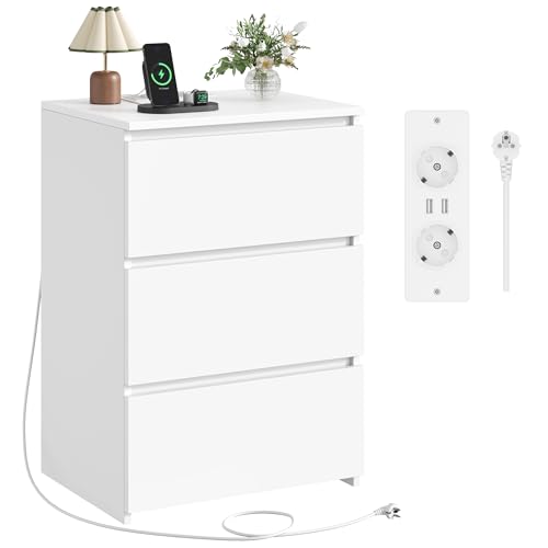 FirFurd Nachttisch mit Steckdose Beistelltisch Nachtschrank Kommode mit 3 Schubladen & 2 AC-Steckdosen & 2 USB-Anschlüsse Schubladenschrank für Schlafzimmer Wohnzimmer Büro 45 x 38 x 66 cm weiß