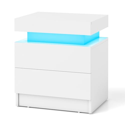 GIANTEX LED-Nachttisch, Nachttisch aus künstlichem Marmor, mit 2 Schubladen, LED-Beleuchtung in 20 Farben, Fernbedienung, Beistelltisch für Wohnzimmer, Schlafzimmer, 45 x 35 x 52 cm (Weiß)