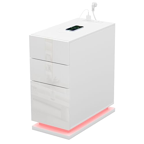 Supfine LED Nachttisch mit 3 Schubladen, Nachtkästchen Schmal mit Steckdosenleiste, 16 Farbwechsel, Fernbedienung, 53x30x62cm (Weiß)