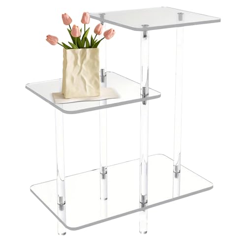 Acryl-Tisch, moderner Nachttisch, transparent, 3 Ebenen, Nachttisch für Buch, Wohnzimmer, Flur, Lobby, Telefon, Schlafzimmer, Zuhause, Wohnung, Terrasse