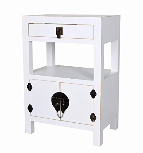 Chinesischer Nachtschrank Madame Wong Weiß – Authentischer Ming-Stil, 2 Türen & 1 Schublade, Holz/MDF, Antik Patinierte Metallbeschläge, mya020 Palazzo Exklusiv