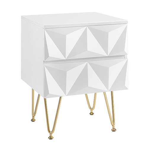 EUGAD Nachttisch mit 2 Schubladen mit 3D-Effekt gestaltet, Beistelltisch Nachtschrank Nachtkommode, 40x53x40 cm, für Boxspringbett Schlafzimmer Wohnzimmer, dekorativ, Weiß + Gold, 0001CTG