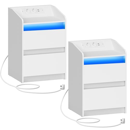 Hzuaneri Nachttische LED Lichtern, Ladestation und 2 Schubladen, USB Anschlüssen & Steckdosen, Stilvoll und vielseitig für Wohnzimmer und, Weiß NS30103X