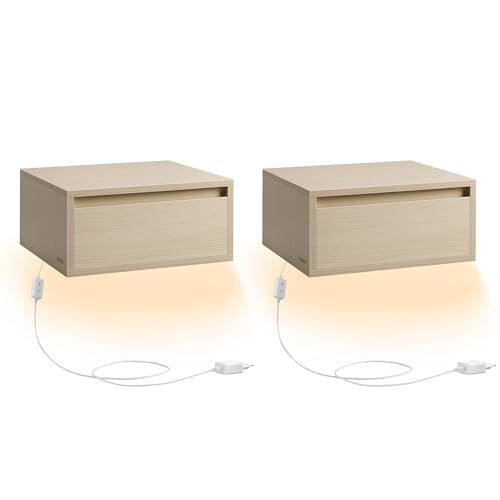 VASAGLE Nachttisch hängend 2er Set, Leuchte mit 3 Farben, schwebendes Wandregal, Schublade, 35 x 40 x 18 cm, modern, Wohnzimmer Schlafzimmer, naturbeige LET854N01