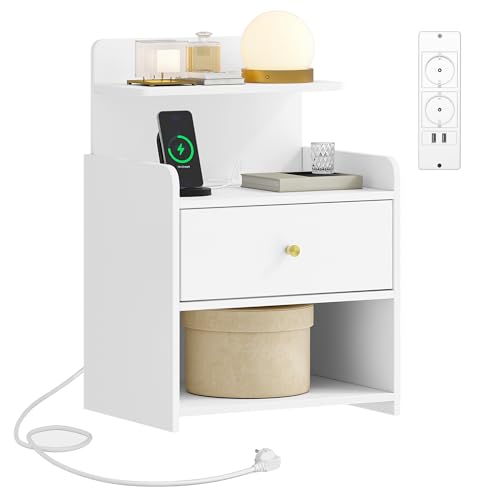 HEXCELEN Nachttisch, Beistelltisch mit 1 Schublade und 2 Offenen Fächern, Nachtschrank, Sofatisch, Platzsparend, für Schlafzimmer, Wohnzimmer, Modern, Weiß