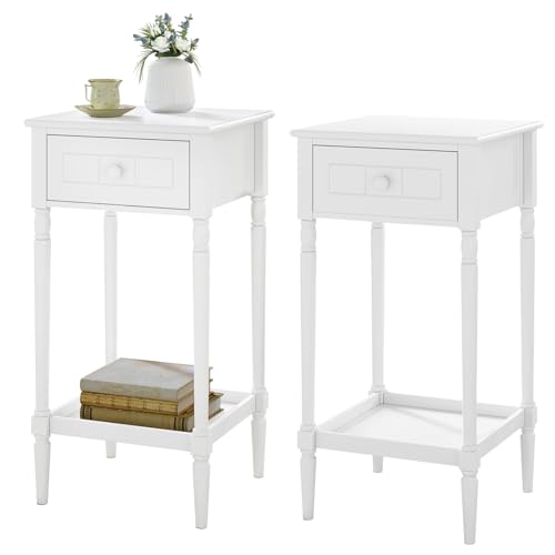 WOLTU 2er Set Nachttisch Schmal, Nachtschrank mit Schublade offener Ablage, Barock Beistelltisch Weiß, 35x70,5x35 cm, Sofatisch für Schlafzimmer Wohnzimmer, Beine aus Massivholz, NTS09ws-2