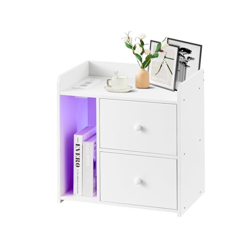 CLIPOP Nachttisch mit LED-Beleuchtung und Ladefunktion, Beistelltisch mit 2 Schubladen, einstellbare Farben,Nachtschrank mit Steckdose und USB, Nachtkästchen modern für Wohnzimmer, Schlafzimmer
