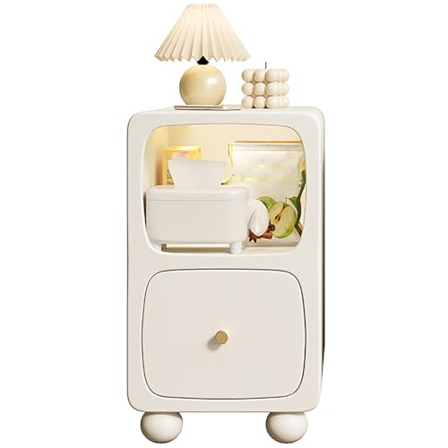 Schlanker Nachttisch Tisch, Nachttisch Holz Massiv Mit Schublade, Nachttisch Vintage, Intelligenter Nachttisch Mit-Lichtern, Kleiner Nachttisch Mit Lagerung Für Schlafzimmer Wohnzimmer(White,35cm*38* 4