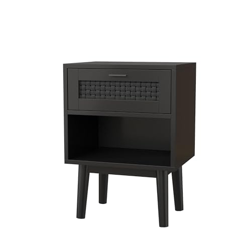 LieABak Rattan Nachttisch 2er Set, Kleiner Beistelltisch mit Schublade und Offenem Regal, Sofatisch mit Massivholz Tischbeine, Holz Boho Endtisch Nachtkommode für Schlafzimmer, Wohnzimmer (Schwarz)