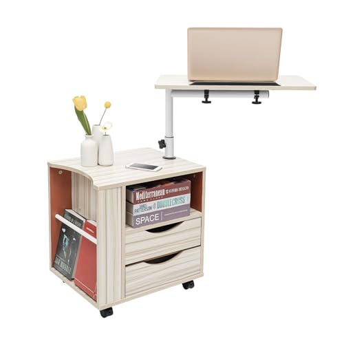 Yolancity Funktioneller Drehbarer Nachttisch, Nachttisch Weiß mit 2 Schubladen mit Drehbarer Tischplatte, Höhenverstellbarer, Bedside Table für Kosmetika, Bücher, Zeitungen, Zeitschriften