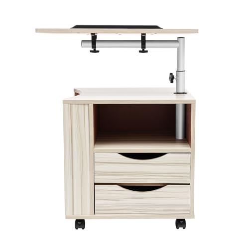 CHIMHOON Funktionaler Drehbarer Nachttisch, Verstellbar Rollen Mobil Drehbarer Nachttisch, Offenem MöBel Kaffee Tisch, Kommode Hubtisch, Holz Laptoptisch Mit Rollen Schubladen