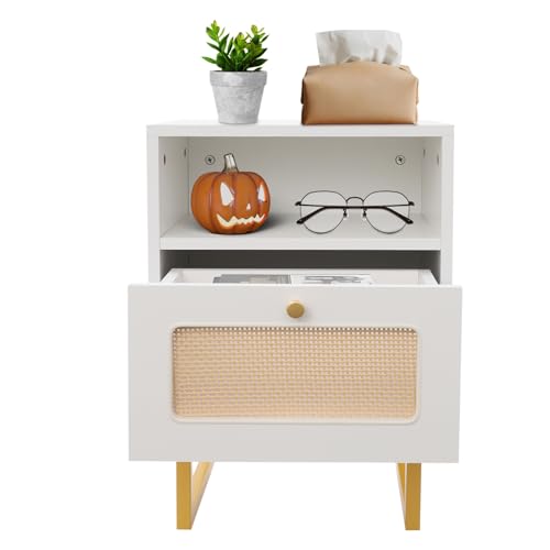 soudesileim Nachttisch Rattan, 39x29x56.49cm, Tragfähigkeit bis zu 30kg, Nachtschrank mit Schublade, Freistehend Nachtkästchen Schmal, Beistelltisch, Couchtisch, Teetisch (Weiß)