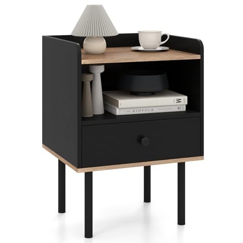 RELAX4LIFE Nachttisch Holz, Beistelltisch mit Schublade, offenem Fach, Metallbeinen, rutschfesten Füßen, Nachtschrank Vintage für Wohnzimmer & Schlafzimmer, 40 x 30 x 60,5 cm, Schwarz (1 Pack)