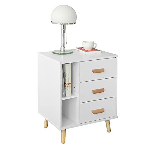 SoBuy Nachttisch, Nachtschrank mit 3 Schubladen und 2 Ablagen, Moderner Beistelltisch, Aufbewahrungsschrank für das Schlafzimmer, Beside Table B48 x T40 x H60 cm Weiß FBT95-W