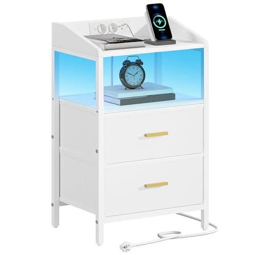 Hzuaneri Nachttisch mit LED-Leuchten und Ladestation, Beistelltisch mit 2 Stoff-Schubladen und Regalen, mit USB-Anschlüssen & Steckdosen, für Schlafzimmer, Wohnzimmer, Weiß NS36113W