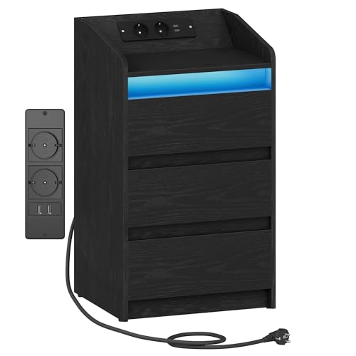 Hzuaneri 3 Schubladen, Beistelltisch Ladestation, 2 AC Steckdosenund 2 USB Anschlüsse für Schlafzimmer, Wohnzimmer, Schwarz NS40004X