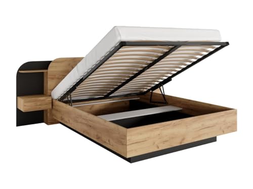 Vente-unique - Bett mit Nachttischen 160 x 200 cm - Mit LEDs - Naturfarben und Schwarz - JUVISIA