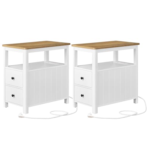 VASAGLE Beistelltisch, 2er Set, schmaler Nachttisch mit Steckdosenleiste, 2 Schubladen, Sofatisch, für kleine Räume, maritimer Stil, walnussbraun-weiß LCT649W01