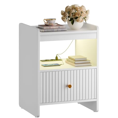 EOSVALO Nachttisch mit LED-Beleuchtung und USB-Ladestation, Modernes Nachtkonsole mit Schublade und offener Ablage, Beistelltisch für Schlafzimmer, 45 x 35 x 65 cm
