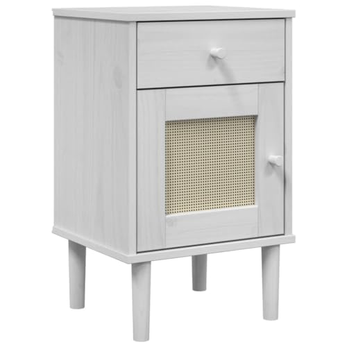 vidaXL Nachttisch, Nachtschrank Rattan-Look, Nachtkommode mit Stauraum für Schlafzimmer, Nachtkonsole Beistelltisch, Weiß Massivholz Kiefer