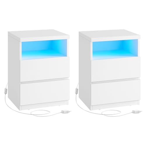 VASAGLE Nachttisch 2er Set, mit Verstellbarer LED-Beleuchtung, Beistelltisch mit Schubladen, Schubladenschrank, Nachtschrank für Schlafzimmer, Wohnzimmer, moderner Stil, wolkenweiß LET834W01