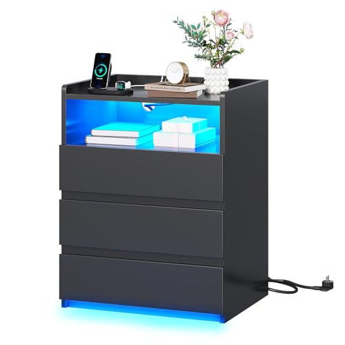 Nachttisch mit Steckdosenleiste Nachtschrank mit Geräumiger Tischplatte,3 Schubladen und 1 Fach,Beistelltisch mit LED-Beleuchtung,Modern Sofatisch Couchtisch für Wohn- Schlafzimmer (1, Schwarz)