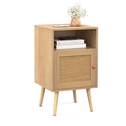 COSTWAY Nachttisch Rattan, Nachtschrank Holz, Beistelltisch mit offenem Regal & Tür, Sofatisch Landhausstil, ideal für Schlafzimmer und Wohnzimmer, 40 x 39 x 70cm (1)