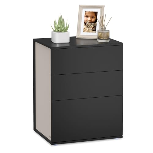 VASAGLE Nachttisch, superschnelle und werkzeuglose Montage, Beistelltisch mit 3 Schubladen, Nachtschrank modern, minimalistisch, Schlafzimmer, Wohnzimmer, tintenschwarz-cappuccinob eige LET778B01