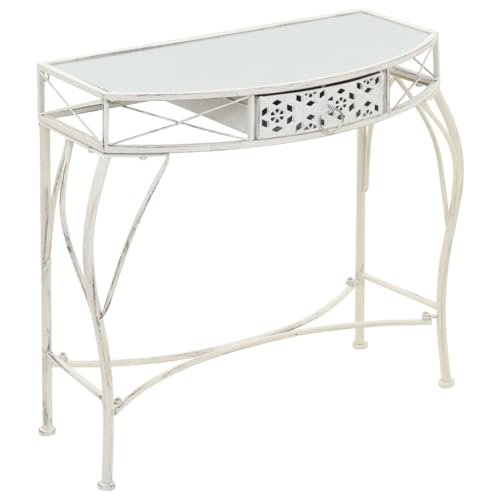 Owoxanthellate Beistelltisch französischer Stil Metall Glas 82x39x76 cm Weiß, edle Couchtisch Schublade antik Look, Stabiler Side Table für Wohnzimmer Schlafzimmer Flur