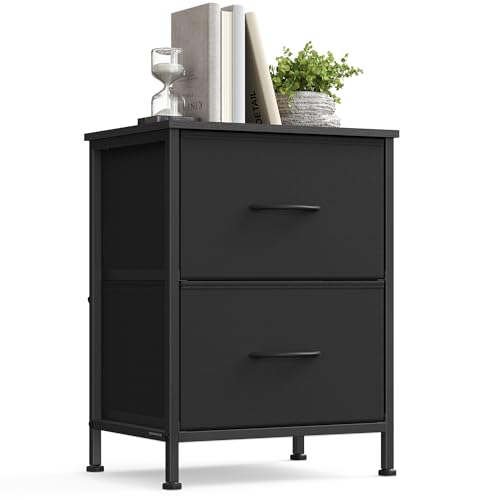 SONGMICS Nachttisch, Kommode, 2 Stoffschubladen, Aufbewahrungsschrank, Stahl, MDF, Vliesstoff, für Schlafzimmer, Flur, Wohnzimmer, tintenschwarz-ebenholzsch warz LGS312BH03
