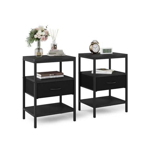 VOWNER Nachttisch 2er Set, Beistelltisch mit Metallrahmen und 1 großen Stoffschubladen, Couchtisch für Schlafzimmer, Wohnzimmer (Schwarz)
