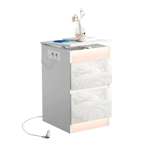 Nachttisch mit Steckdose, RGB-LED Beistelltisch Nachttisch Weiß mit 2 Hochglanzschubladen und Aufklappbarem Deckel, Fernbedienung Nachtschrank Nachttische für Schlafzimmer Wohnzimmer, 35 cm Breit