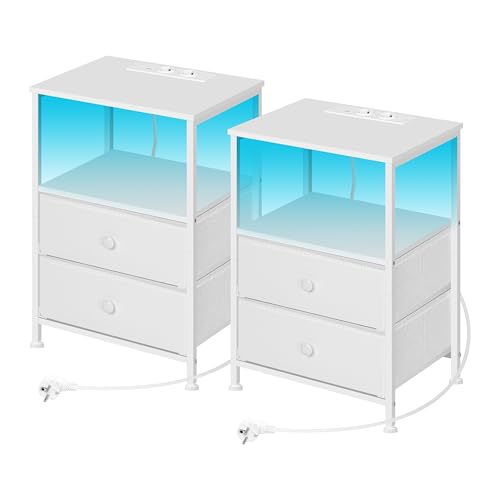 WOLTU Nachttisch 2er Set, Nachtschrank mit Ladefunktion LED-Beleuchtung Schubladen, Beistelltisch Weiß, Sofatisch, Kaffeetisch, MDF, NTS27ws-2