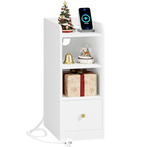 Hzuaneri Nachttisch, Schmal, Beistelltisch mit Ladefunktion, USB & Type C Anschlüsse, Nachttische mit 3 Etagen Stauraum, 1 Schublade, für Schlafzimmer, Wohnzimmer, Weiß NS36403X