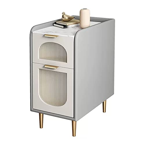  Grau Modern, Kleine Felsschild Schlafzimmer, Platzsparend Ultra Schmal Kunstleder Design Wohnzimmer Sofa Beistelltisch 2 Schubladen Stauraum