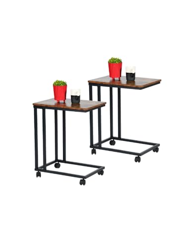 HOMYLIN Rollbarer Beistelltisch, Industrie-Stil, Metall- und Holzkonstruktion, mobile, platzsparende Möbel, ideal für Wohnzimmer und Büros, praktisches und tragbares Design, 2 Stück