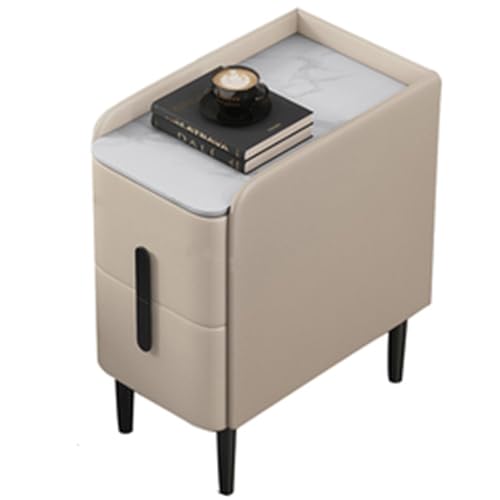 AVLLSO Nachttisch Kleiner Nachttisch Schiefer Leder Alle Massivholzrahmen Minimalistischer Leichter Luxus Schlafzimmermöbel 30cm Ultra schmale Schließfächer(Beige)