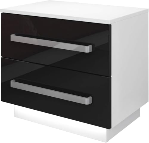 SEVICO Nachttisch mit LED-Beleuchtung, Nachtkommode, Beistelltisch, Hochglanz Nachtschrank 55 x 37 x 49 cm Weiß-Schwarz Nachtschrank für Schlafzimmer 2 Schubladen V97