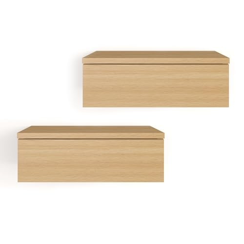 KOMTO Wandregal mit Schublade Buche - Nachttisch Hängend 2er Set Nachttisch Wandmontage Wandschublade Nachtschrank Hängend | Monaco 46 x 30 x 15 cm