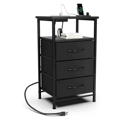 EOJDDPA Nachttisch, Beistelltisch, Nachttisch mit Ladestation, verstellbares LED-Licht, 3 Schubladen, Stauraum, platzsparendes Design für Schlafzimmer, Wohnzimmer, schwarzes Holz, Metall,