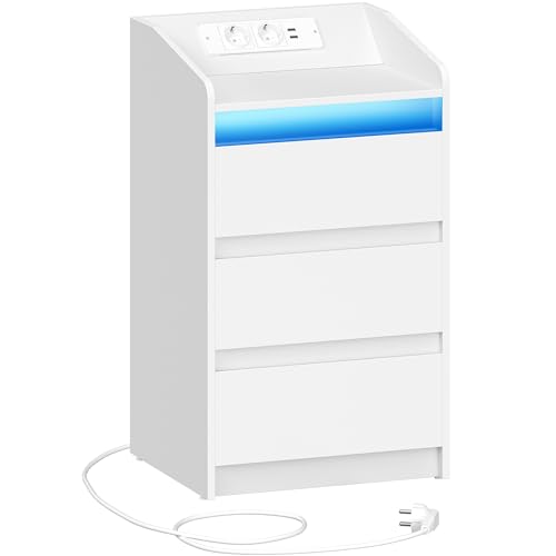Hzuaneri Nachttisch mit 3 Schubladen, Beistelltisch mit Ladestation und LED, 2 AC-Steckdosenund 2 USB-Anschlüsse für Schlafzimmer, Wohnzimmer, Weiß NS40003X