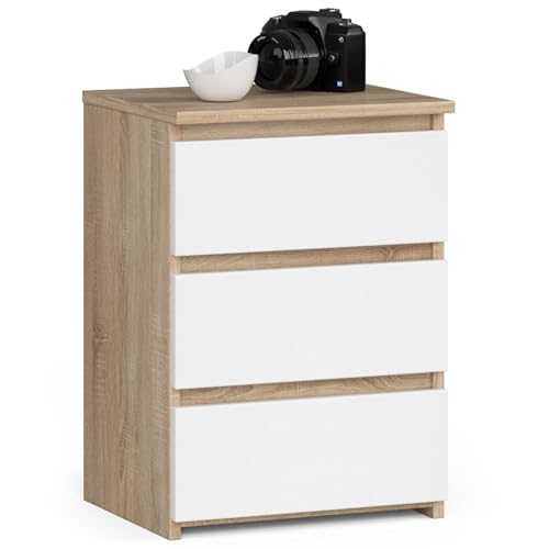 MILORD Nachttisch Kommode CL-3 mit 3 Schubladen, für das Wohnzimmer Schlafzimmer Schrank Büro Arbeitszimmer, Modernes Design, B40 x H57 x T35 cm, Gewicht 26 kg (Sonoma-Eiche & Weiß Front)