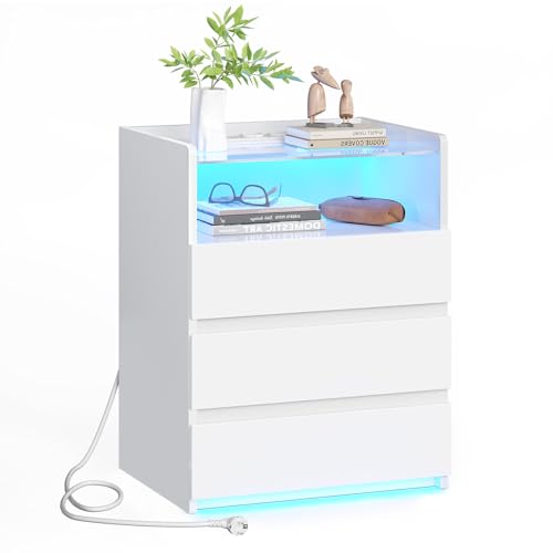 Nachttisch mit Steckdosenleiste Nachtschrank mit Sichtbarer Glastischplatte,3 Schubladen und 1 Fach,Beistelltisch mit LED-Beleuchtung,Modern Sofatisch Couchtisch für Wohn- Schlafzimmer (1, Weiß)