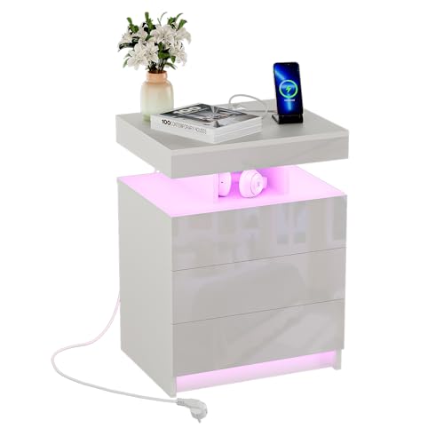 ChromaCasa Nachttisch mit Steckdose, RGB-LED Beistelltisch Weiß mit 3 Hochglanz Schubladen und Offenem Fach, Fernbedienung Nachtschrank Nachttische für Schlafzimmer Wohnzimmer, 50 cm Breit