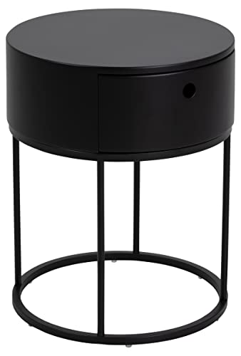 AC Design Furniture Apollon runder Nachttisch mit 1 Schublade, Schwarz, Metall und Holz, Ø: 40 H: 51 cm, 1 Einheit