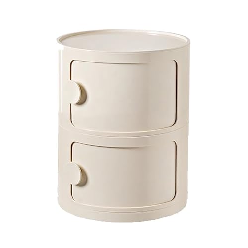 Runder Nachttisch mit Schubladen, Kleiner Aufbewahrungsschrank mit Schiebetüren, schmaler Nachttisch aus Kunststoff für Wohnzimmer, Schlafzimmer, Badezimmer (3 Ablagen, Beige)