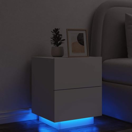 Owoxanthellate Nachttisch LED Beistelltisch Weiß Holzwerkstoff 45x40x55 cm mit RGB Licht und 2 Schubladen Modernes Nachttischschrank für Schlafzimmer Wohnzimmer Flur